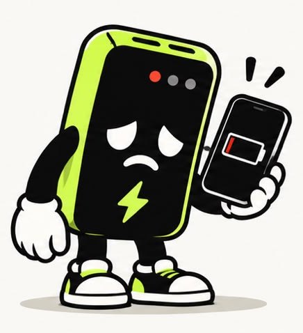 Buddy kijkt verdrietig naar een gsm met een lege batterij