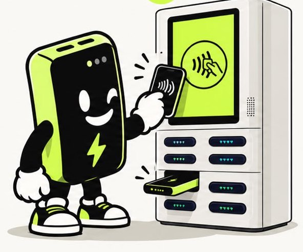Buddy tikt met zijn gsm op het Laadbuddy-station en er schuift een powerbank uit