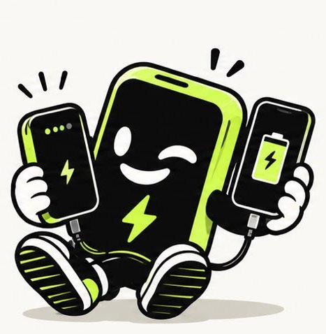Buddy zit vrolijk en laadt een gsm op met de powerbank