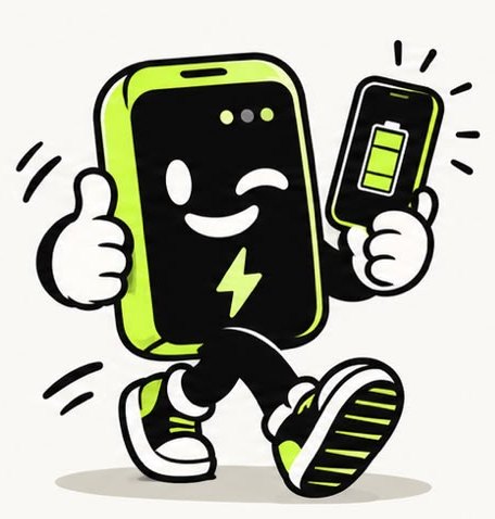 Buddy wandelt verder met duim omhoog en een volle gsm