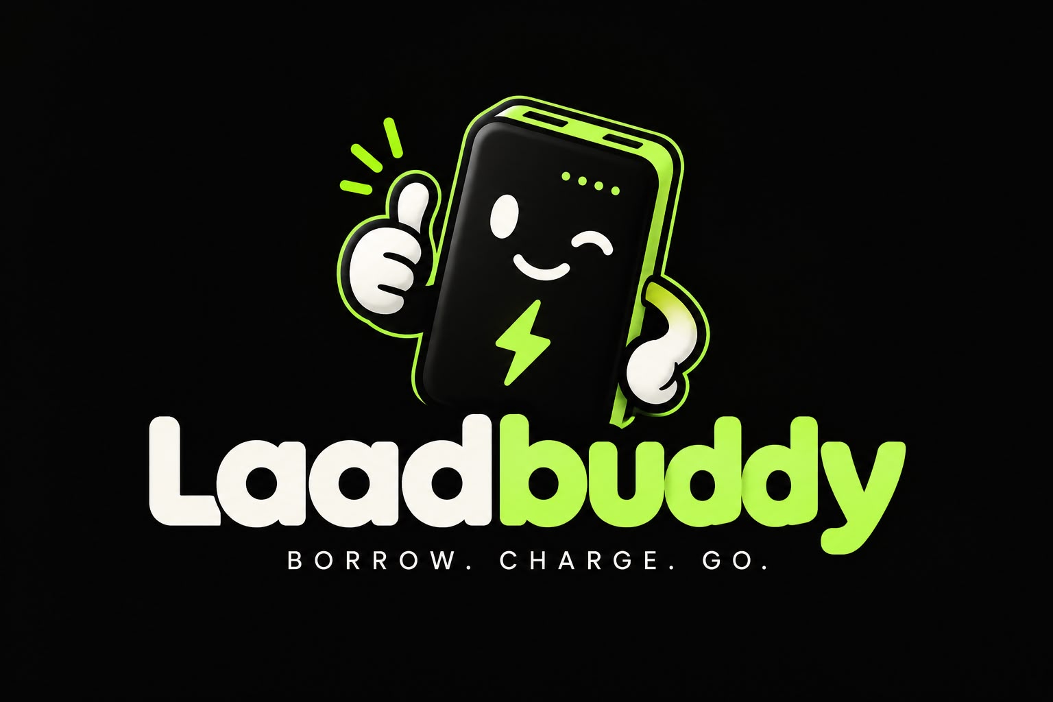 Laadbuddy-logo met de slogan Borrow. Charge. Go.